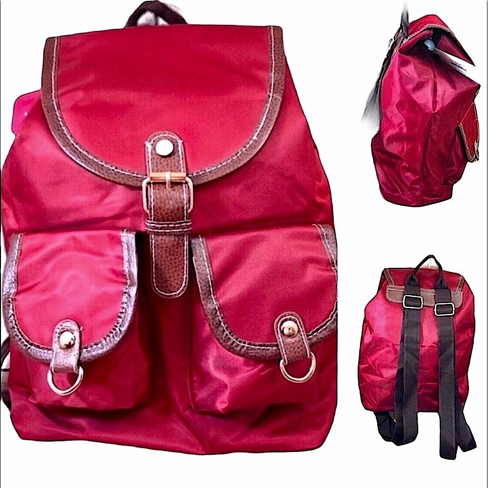 New Ashley Fox burgundy red w/brown trim multi-pocket backpack NWT